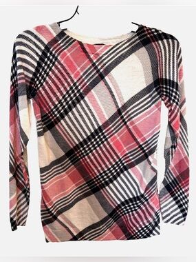 Talbots Petite Pure Merino Wool Plaid Sweater P Pink Black Gray